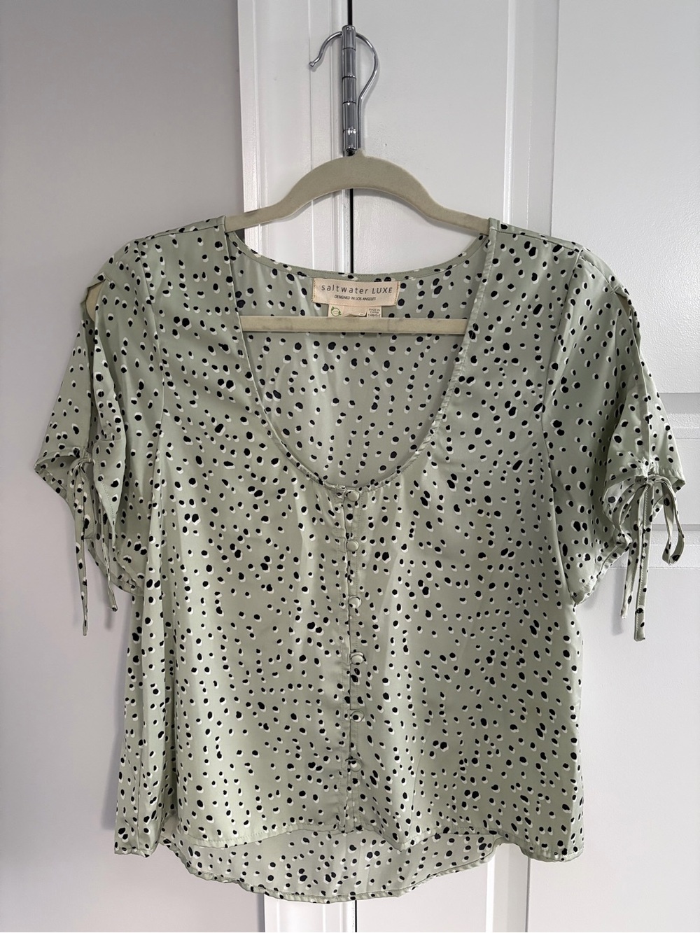 saltwater LUXE Sage Polka Dot Short Sleeve Blouse with Black Spots